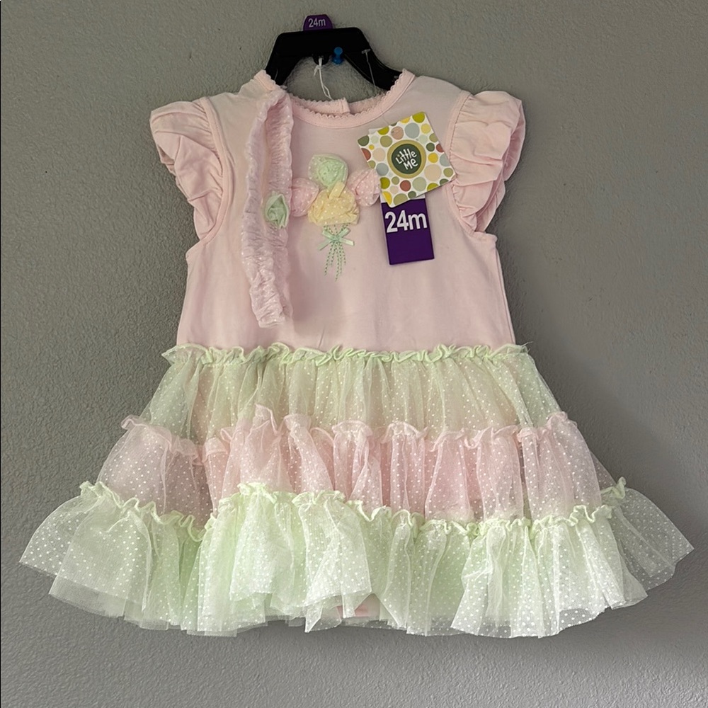 Little Me Pink and Green Ruffle Dress